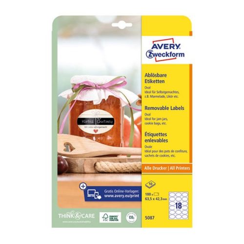 Etikett AVERY L5087  63,5x42,3 mm ovális visszaszedhető 10 lapos